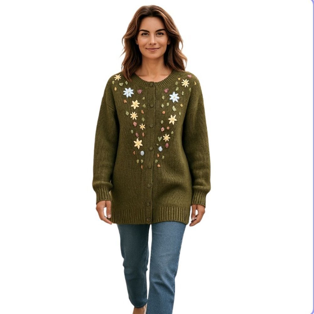Free People Olive Green Floral Embroidered Cardigan